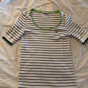 Lacoste White and Black Striped Tee with Green Accents